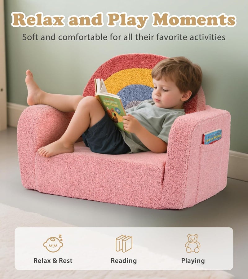 Foryoomi Kids Couch, 2-in-1 Soft Toddler Couch Fold Out with Blanket, Comfy Toddler Chair, Convertible Sofa, Gifts for Kids Girl Boys, Medium Colorful Pink Rainbow - Image 4